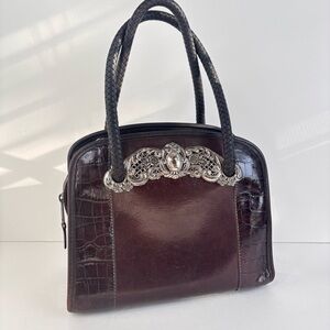 Vintage Brighton Brown Leather Silver Filigree‎ Braided Handle Handbag A162006